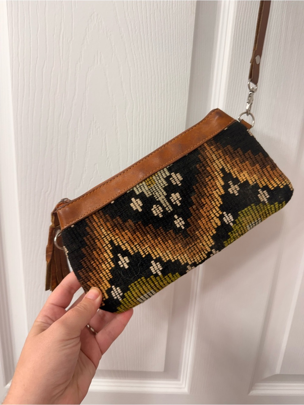 Woven Black and Brown Wristlet Clutch with Leather Trim - Picture 2 of 6